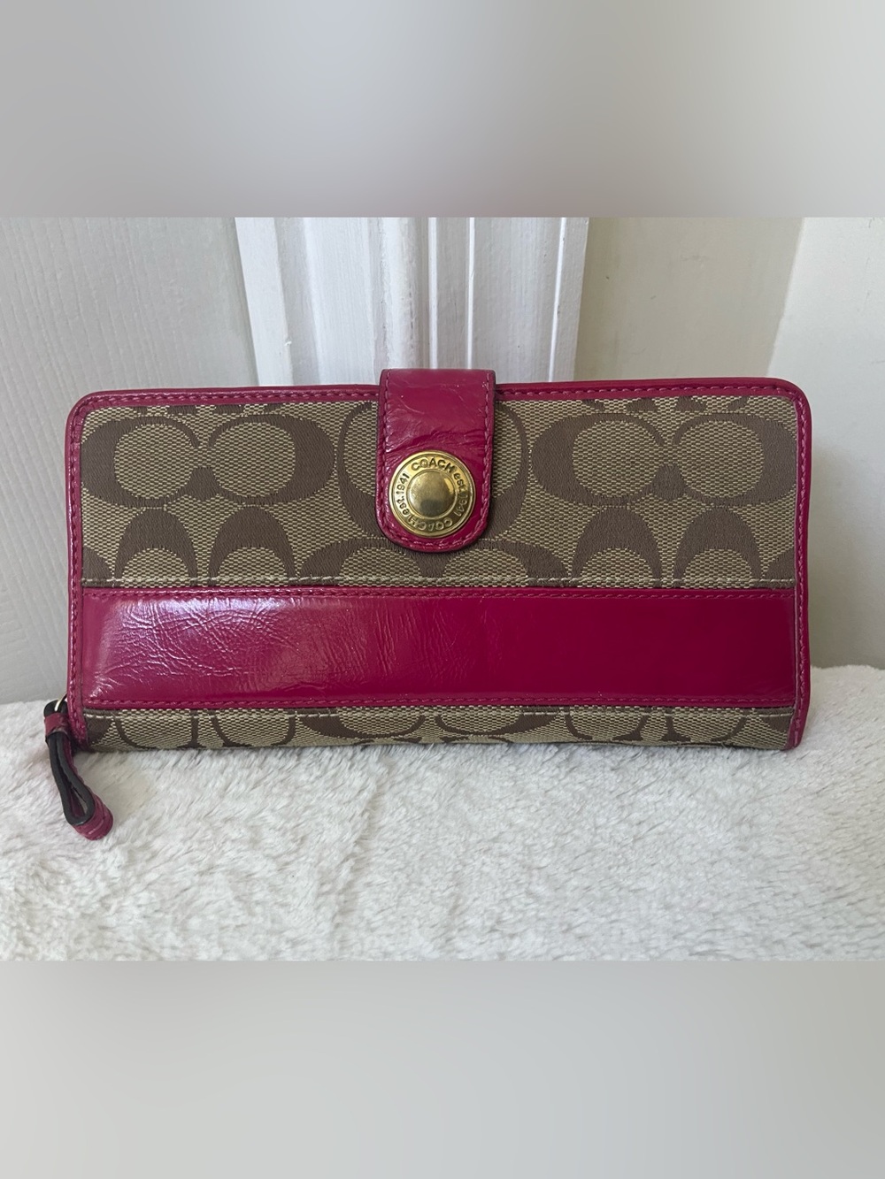 Coach Legacy Signature Canvas Wallet with Fuchsia Leather Trim